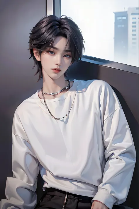 ​masterpiece、（top-quality)、((high-level image quality))、One Manly Boy、Slim body、((White Y-shirt and long black pants))、(Detailed beautiful eyes)、Stylish city background、sitting on a curb、Face similar to Chaewon in Ruseraphim、((short hair above the ears))、(...