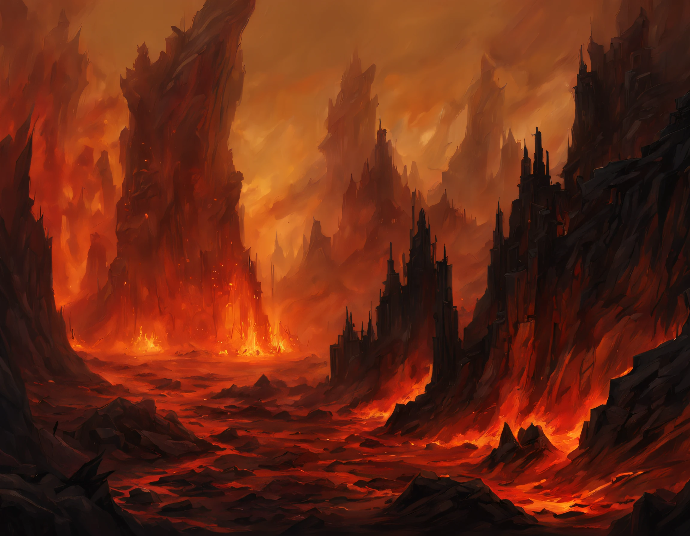 a terrifying landscape of the underworld, bathed in the fiery glow of ...