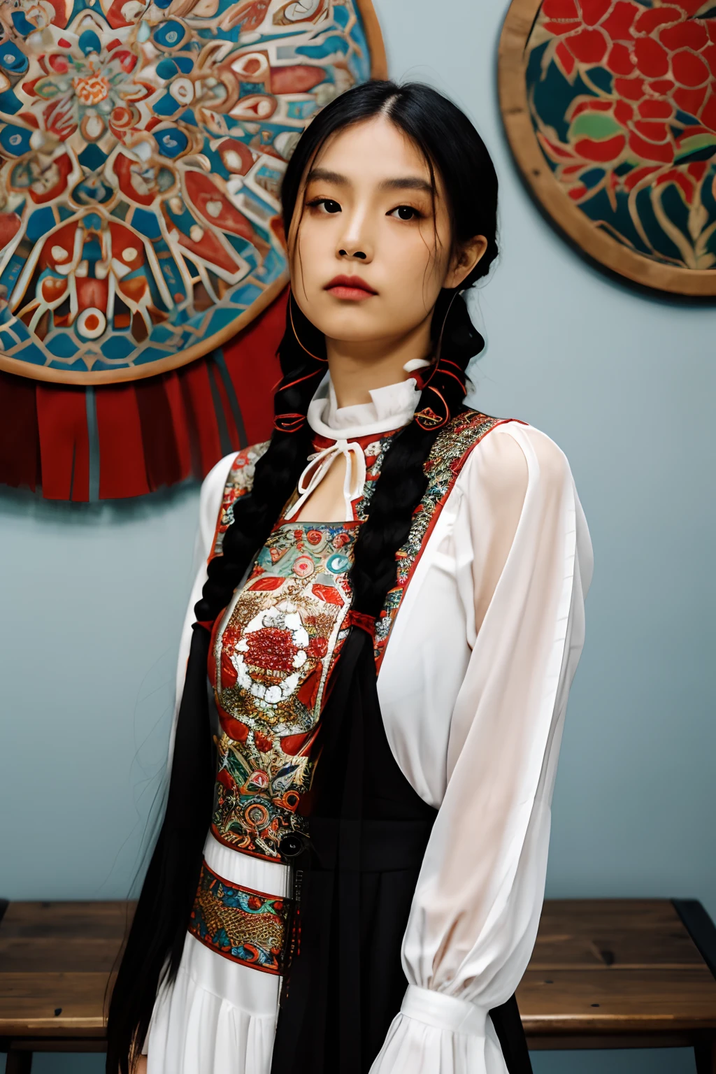 girl02, photographed on a Nikon Z7 II mirrorless camera,120 mm F/4 Wide angle
girl02, 1girl, only, long hair, looking at the viewer, black hair, long sleeves, braid
A woman in a white dress and a black braid with a blue and red pattern at the neck, Chen Lu, Moda Art Nouveau bordada, A character portrait, aestheticism
A woman wearing a black top and a red scarf with a red and white design at the neck, Chen Jiru, Moda Art Nouveau bordada, A silkscreen, cloisonnism The best quality, Masterpiece, ultra detailed, cowboy shot, tributary, 3dmm, ink sketch, color ink, ink rendering, octane rendering, cakes, rice paper, 1girl, Beautiful detailed eyes, (Alternative hairstyle), ultra detailed hair, elegant, (charming), (delicate), beautiful, beautiful, lace dress, in the center of the frame, cadence, Fantasy, looking at the viewer,