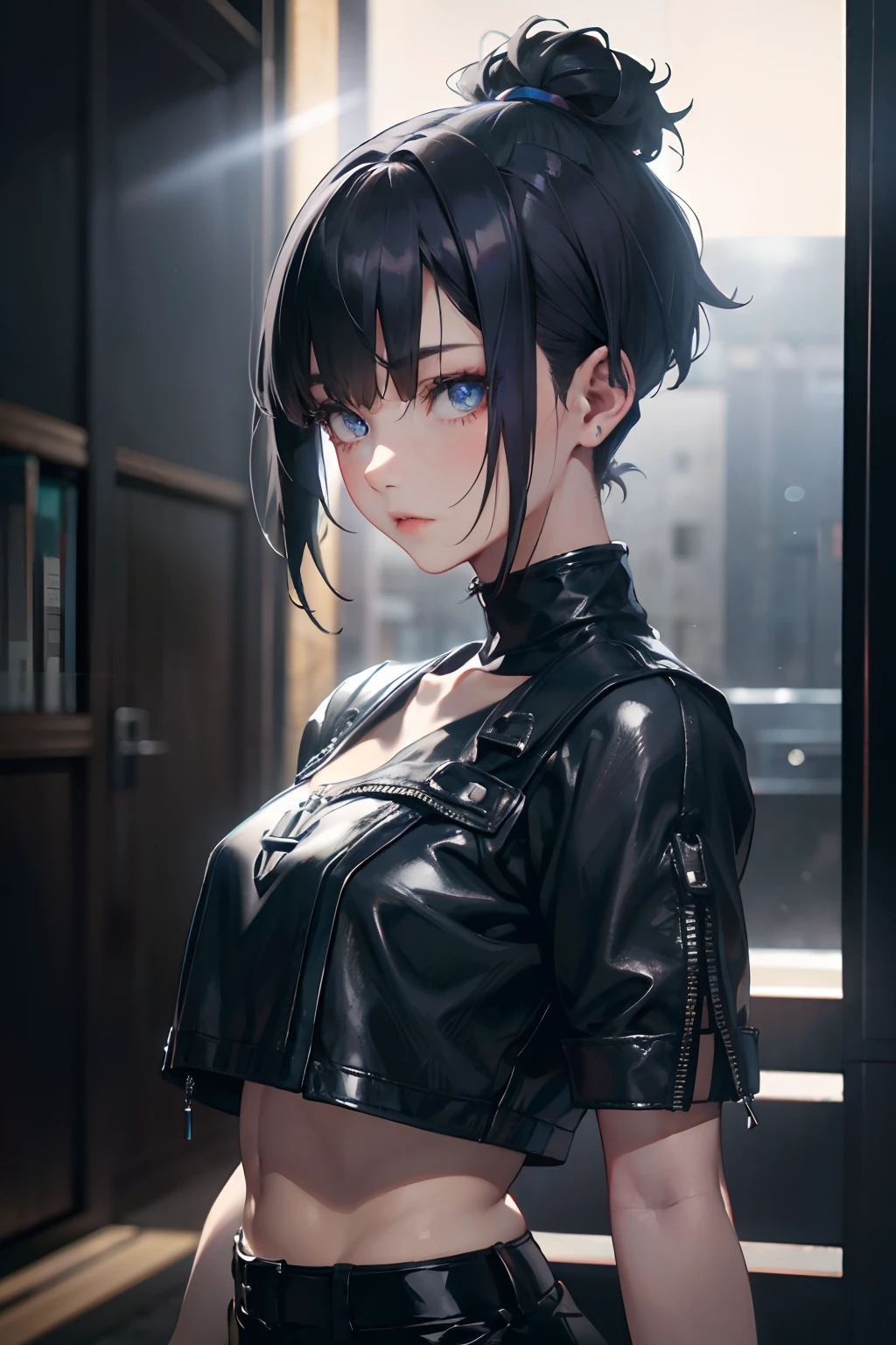 a 20 yo woman、Black blue hair、Bery short hair、(hi-top fade:1.3)、dark themed、Muted Tones、Subdued Color、highly contrast、(natural skin textures、Hyper-Realism、Soft light、sharp)
