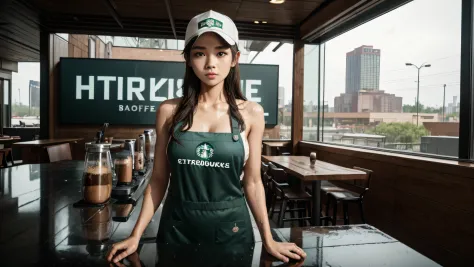 A girl in a Starbucks uniform makes coffee，Wearing a baseball cap on his head，Clothes and skin are soaked all over，（wetclothes：1...