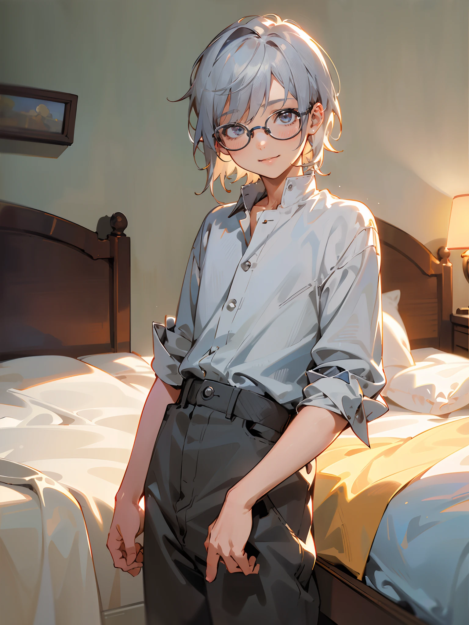 (Male child, eye glasses,A smile, silber hair，cowboy  shot),(((​masterpiece)))、(((top-quality)))、((ultra-definition))、(High Definition CG Illustration)、((extremely delicate and beautiful)), Background with:Modern style bedroom、Photorealsitic、8K