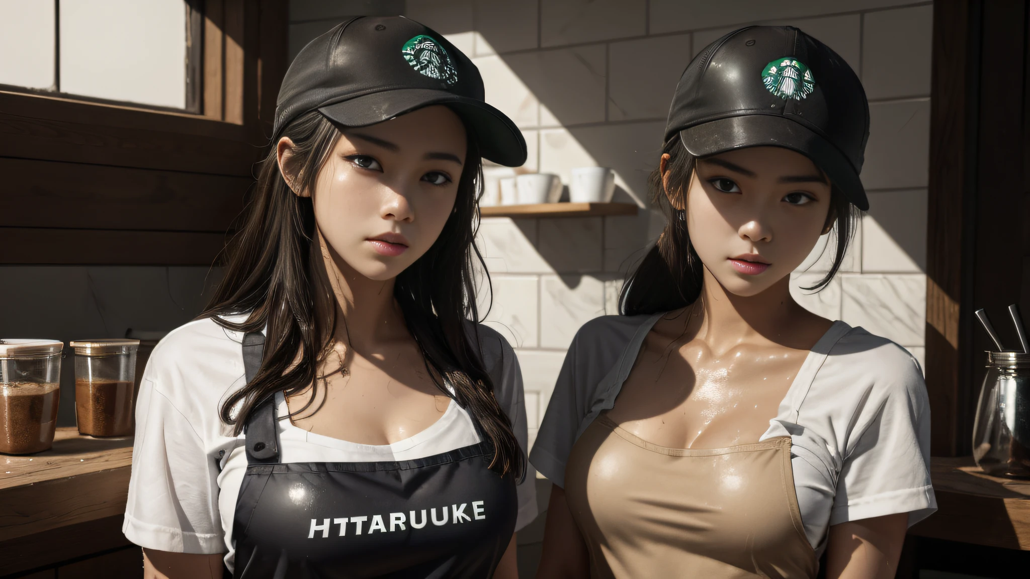 A girl in a Starbucks uniform makes coffee，Wearing a baseball cap on his head，Clothes and skin are soaked all over，（wetclothes：1.8），Reflective skin，Sweaty skin，high high quality、tmasterpiece、Hyper-Resolution、barechested、NAKED Apron、wearing apron、full bodyesbian、