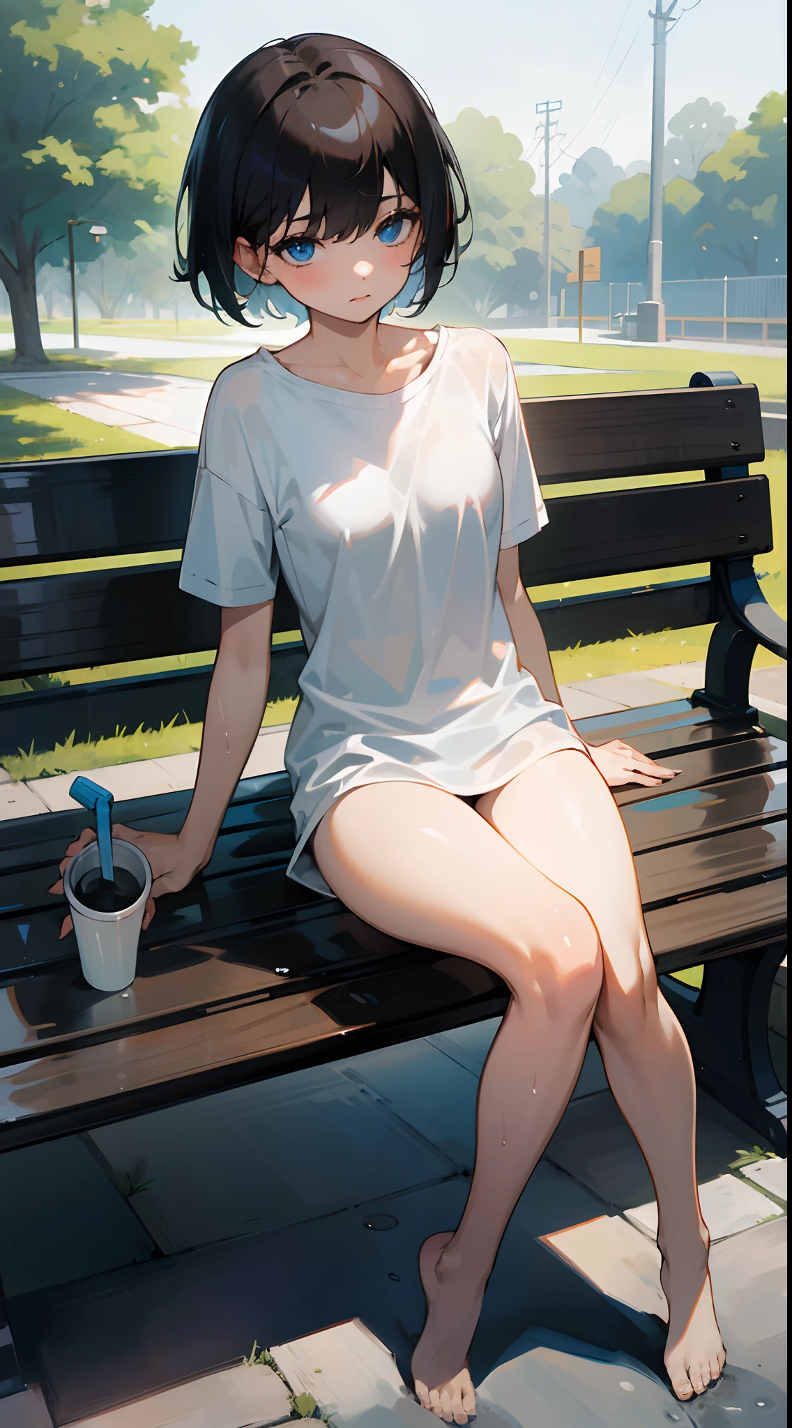 Anime girl sitting on a bench with a cup of coffee - SeaArt AI