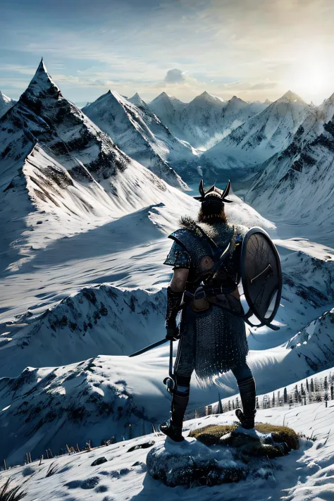 A lone Viking warrior, adorned with intricate horned armor, stands atop a snowy mountain, surveying the vast landscape before hi...