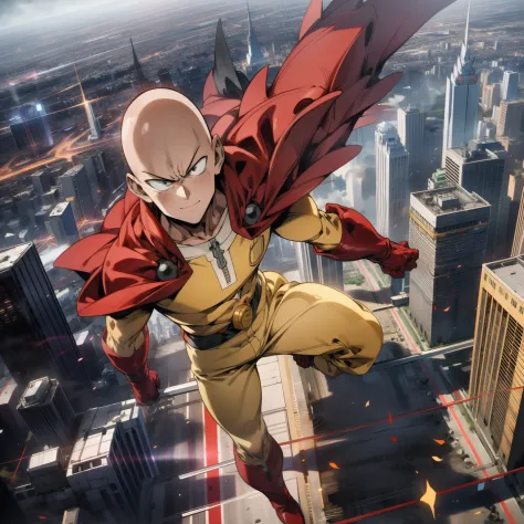 masterpiece, best quality, 1boy, (saitama), bald hair, black eyes, red boots, red gloves, yellow clothes, standing, anime smile,...
