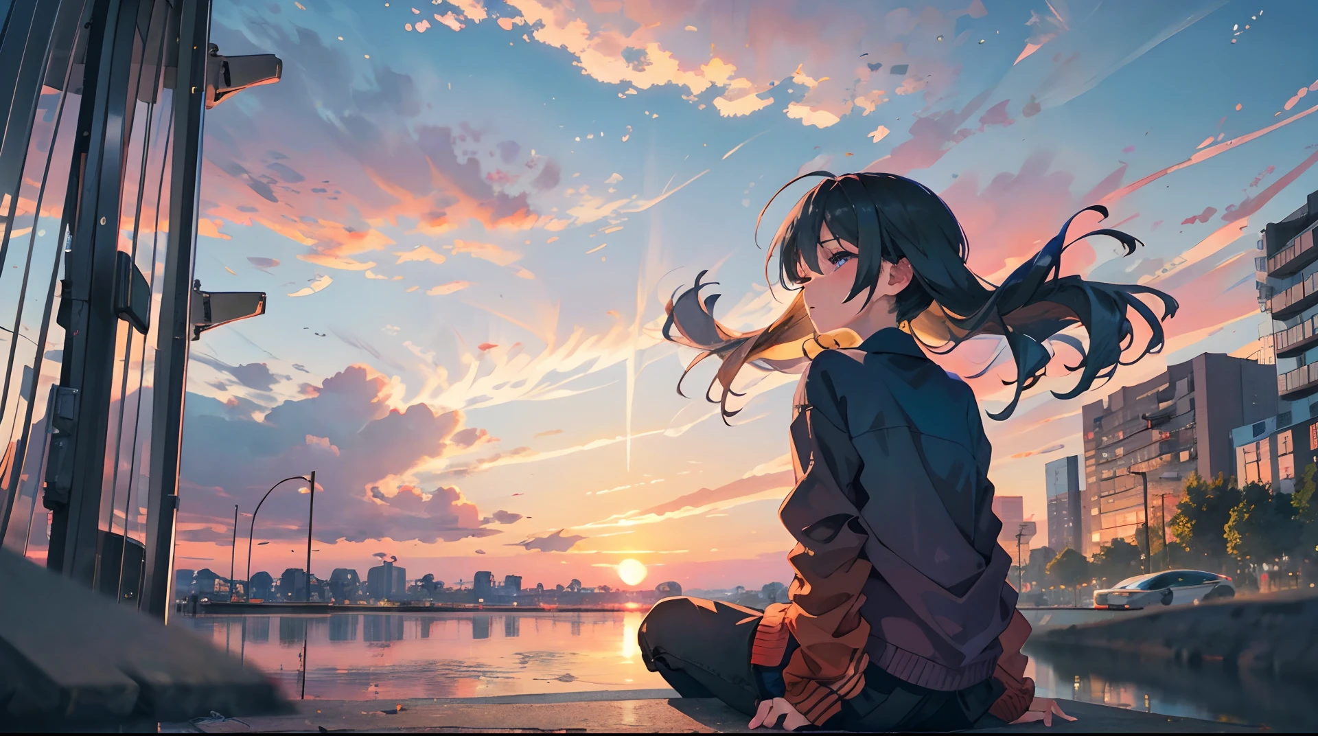 Anime girl sitting on the ground looking at the sunset - SeaArt AI