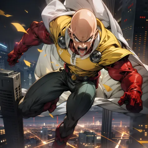 masterpiece, best quality, 1boy, (saitama), bald hair, black eyes, red gloves, yellow clothes, white cape, flying, angry face, a...