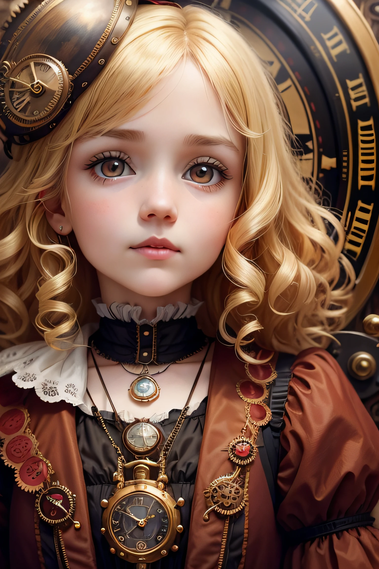 close-up, straight hair blonde short curly child girl the little red hat, clock on necklace, (Victorian era), ((steampunk)), cinematography, worked, elegant, meticulous, magnificent, maximum detail, extremely hyper-aesthetic, intricately detailed, lots of gears, old town background