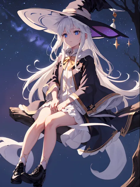 sitting on a tree branch, looking up at the sky, night, space with comets and planets, female uniform, petite body, witch hat, lace-up shoes, white hair, sparkling blue eyes, raising hands to the sky, feeling cool in a galactic landscape, wearing white rib...
