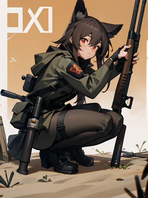 (1girl), solo, cat ears, brown hair, glowing red eyes, long hair, black hooded trench coat, tactical, military, pouches, absurd resolution, super high quality, highly detailed, wasteland, dusty desert, humid atmosphere, drop leg gear, equipment, militia, s...