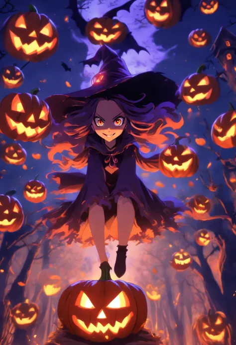(girl,named:witch,pumpkin:1.2,carving:1.1),spooky jack-o'-lantern,witch's hat,pointy hat,witch's broom,full moon,haunted house,night sky,witch's cauldron,flying bats,black cat,witch's cloak,witchcraft potion,dark and mysterious,halloween decorations,creepy...