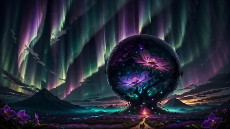 An awe-struck Aurora Witness, gazing up into a mesmerizing sky filled with kaleidoscopic lights of greens, blues, and purples, as the surreal colors merge and blend to create an otherworldly visual symphony, evoking a sense of intense curiosity and euphori...