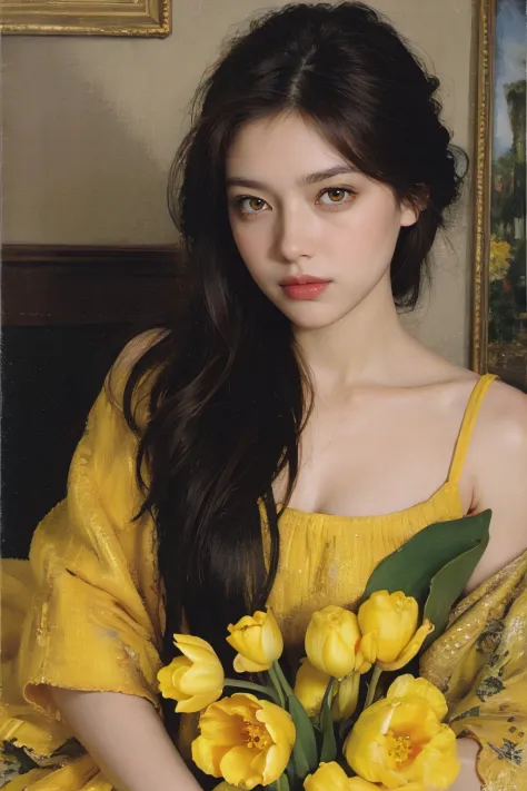 (oil painting:1.5),
\\
a woman with (long brown hair), ((yellow eyes)) and yellow tulip flowers in her hair is laying down in a field of yellow tulip flowers, (amy sol:0.248), (stanley artgerm lau:0.106), (a detailed painting:0.353), (gothic art:0.106)