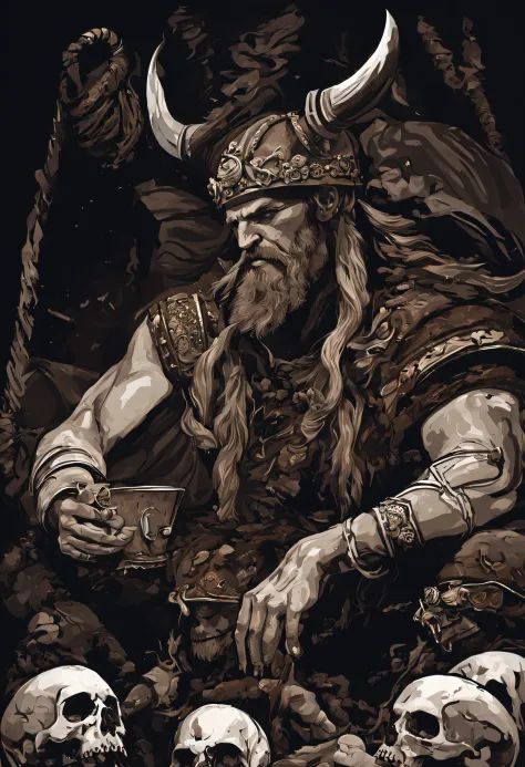 The Vikings, known for their fierce and brutal ways, take a moment to celebrate their conquest by drinking from the skulls of their enemies. The contrast between their savage appearance and the delicate skulls creates a striking image.