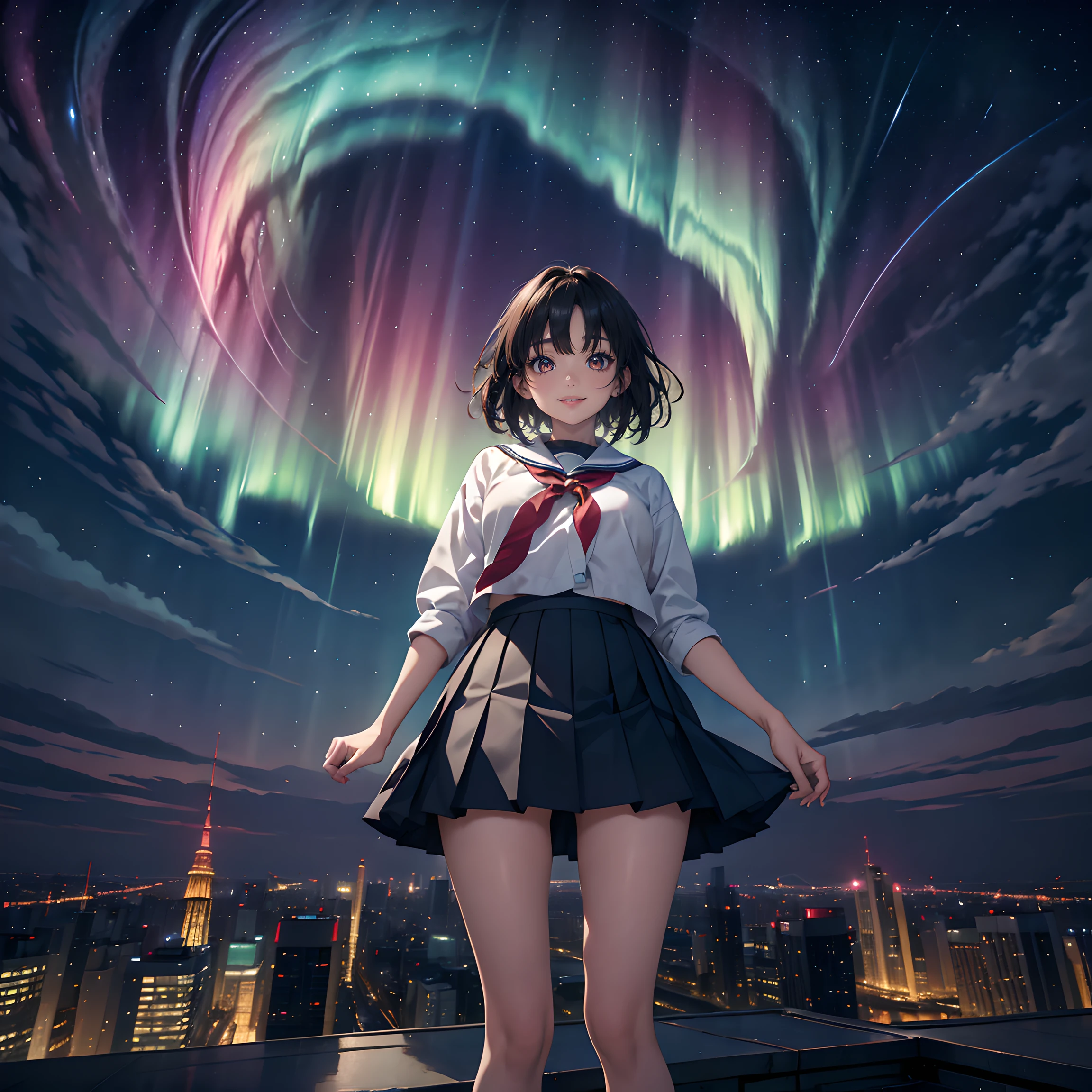Composition: "Compose an image set in the heart of Tokyo city, where the vibrant and colorful Aurora Borealis lights up the urban skyline. The composition should capture the fusion of city lights and the ethereal beauty of the Aurora."

Person: "In the foreground, feature a young Japanese high school girl who is also a K-POP idol. She stands in awe, gazing up at the mesmerizing Aurora with a sense of wonder and admiration. She has short hair, no glasses, and is dressed in the iconic Japanese sailor ."

Background: "Set the scene in Tokyo city center, with its skyscrapers and bustling streets providing a modern backdrop to the celestial phenomenon above. The night sky is filled with the vivid hues of the Aurora Borealis, creating a unique and enchanting atmosphere that blends the urban and natural worlds."