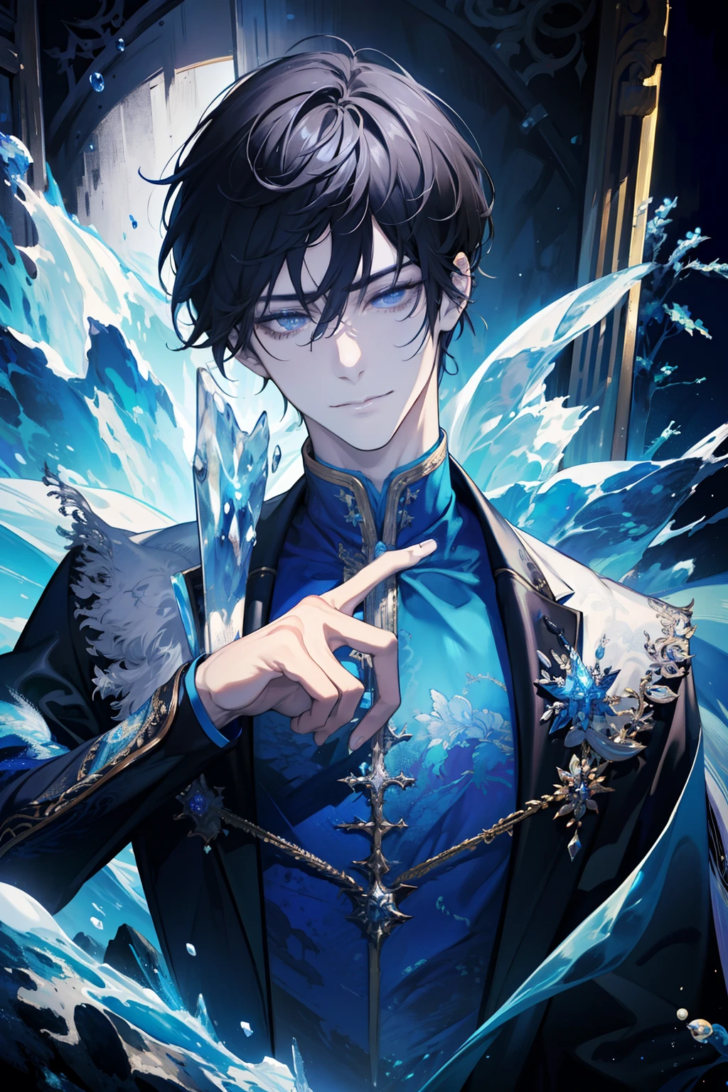 (absurdres, highres, ultra detailed), 1 male, adult, handsome, tall muscular guy, broad shoulders, finely detailed eyes, dark color hair, fantasy, complex pattern, detailed face, throne, magic effect, best ratio four finger and one thumb, ice, bitter cold, cold snap, smile, (dutch angle), closed mouth