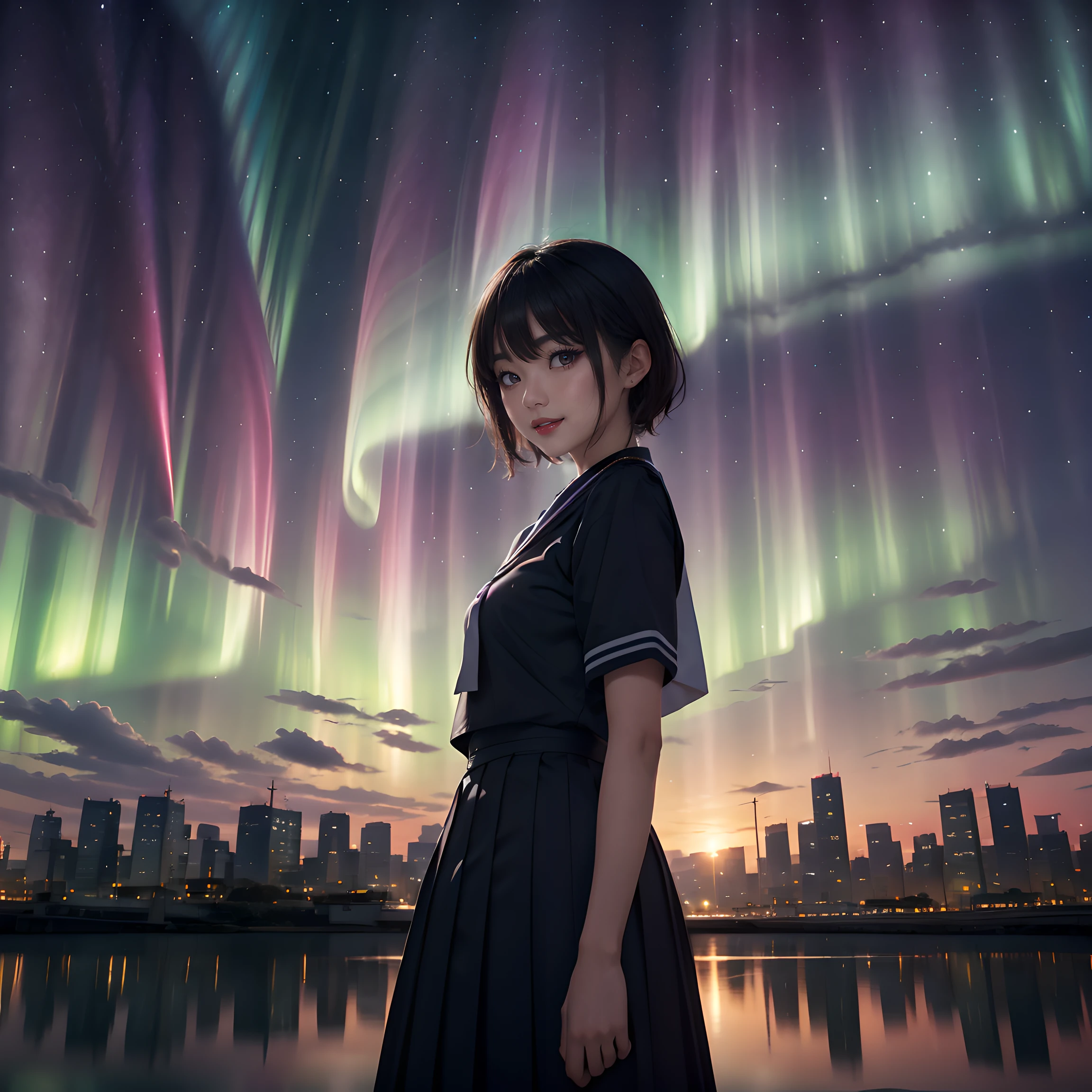 composición: "Componga una imagen ambientada en el corazón de la ciudad de Tokio, donde la vibrante y colorida aurora boreal ilumina el horizonte urbano. La composición debe capturar la fusión de las luces de la ciudad y la belleza etérea de la aurora."

Person: "en primer plano, presenta a una joven japonesa de secundaria que también es un ídolo de K-POP. Ella se queda asombrada, contemplando la hipnotizante Aurora con una sensación de asombro y admiración. ella tiene el pelo corto, sin gafas, y está vestido con el icónico marinero japonés. ."

fondo: "Ambienta la escena en el centro de Tokio, con sus rascacielos y sus bulliciosas calles que proporcionan un telón de fondo moderno para el fenómeno celeste de arriba. El cielo nocturno está lleno de los vívidos tonos de la aurora boreal, creando una atmósfera única y encantadora que combina los mundos urbano y natural."