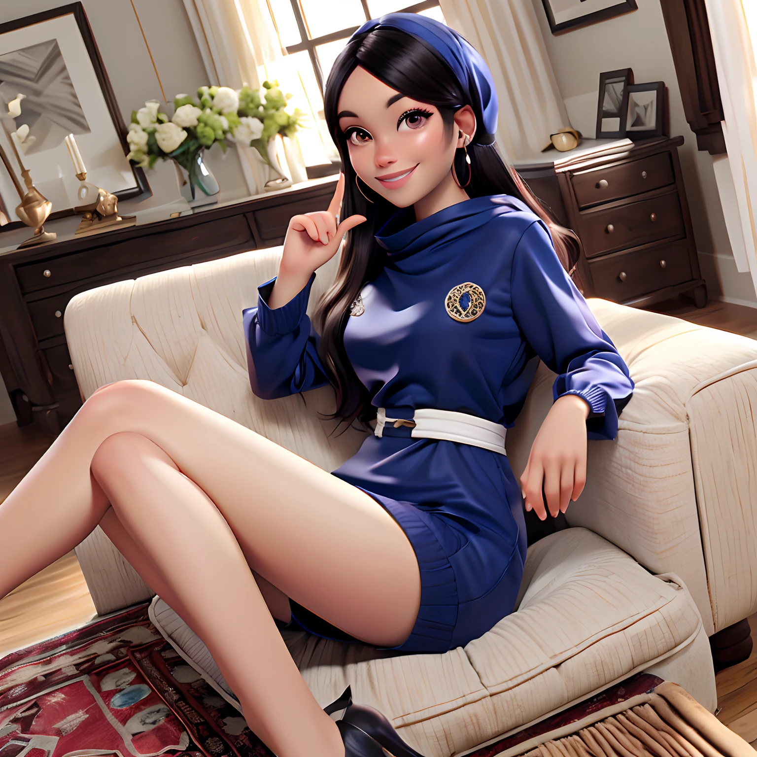 black young woman, noble、 Brown Eye, Long blue Kashkur、Onepiece, Clear smile,  livingroom、sofas,