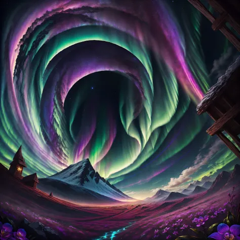 "Spectrolite Witness" observes the majestic Northern Lights, crafting an astonishing and mind-bending display of colors and patt...