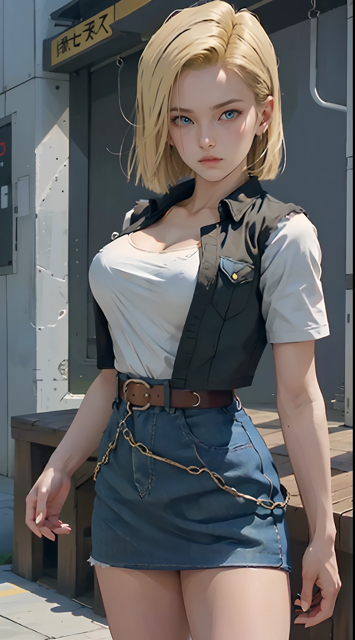 Hyper detailed image, UHD, 16k, professional photo, (Realistic photo of Android-18 From Dragon Ball Z) girl Goddess of beauty, very straight short blonde hair, serious face expression, ((she wears a blue denim jacket and a cropped white shirt, short white underground showing flesh of the breast)), erotic, open denim jacket showing her big, beautiful and perfect breasts, (breasts, long pointed breasts sticking out of the jacket), she wears a belt and a (raised blue denim skirt showing micro panties stuck in the pussy, bubian hair showing), brown boots, perfect hands and fingers,
  android 18, sexy saiyan girl, Official Art, Android-18 Sexy female, official character art, sexy female protagonist, lean and fit curved body :8, Akiri Toriyama, Director: Akira Toriyama, Bulma from Dragon Ball, Best Character Design Anime, Akira Toriyama style, beautiful single character, half naked