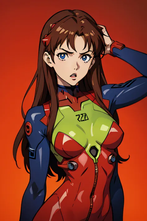 hands_on_own_chest,souryuu_asuka_langley,bodysuit,brown_hair,torn_bodysuit,rebuild_of_evangelion,1girl,large_breasts,upper_body,breasts,long_hair,skin_tight,hair_down,shiny_clothes,hair_ornament,very_long_hair,red_bodysuit,plugsuit,simple_background,solo,n...