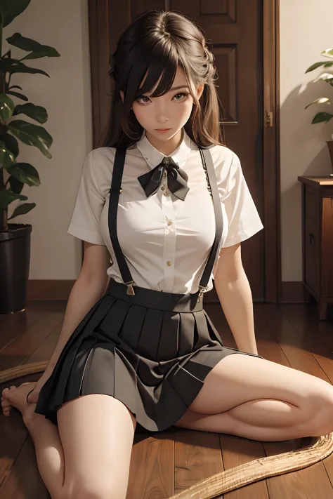 a beautiful  woman，sexy for，Wear suspenders，Wearing a pleated skirt，eyes looking at the lens，with long coiled hair，Barefoot