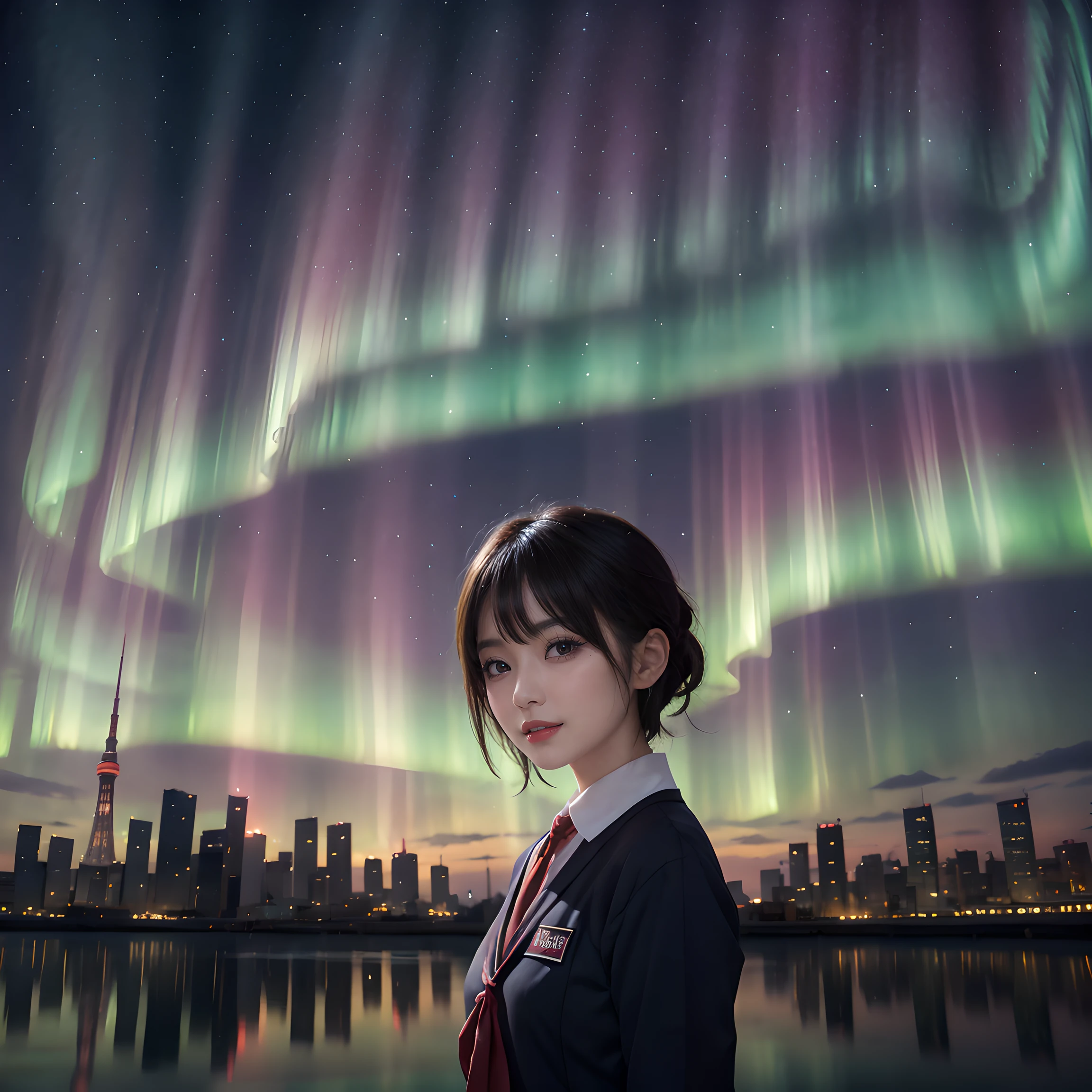 composición: "Componga una imagen ambientada en el corazón de la ciudad de Tokio, donde la vibrante y colorida aurora boreal ilumina el horizonte urbano. La composición debe capturar la fusión de las luces de la ciudad y la belleza etérea de la aurora."

Person: "en primer plano, presenta a una joven japonesa de secundaria que también es un ídolo de K-POP. Ella se queda asombrada, contemplando la hipnotizante Aurora con una sensación de asombro y admiración. ella tiene el pelo corto, sin gafas, y está vestido con el icónico marinero japonés. ."

fondo: "Ambienta la escena en el centro de Tokio, con sus rascacielos y sus bulliciosas calles que proporcionan un telón de fondo moderno para el fenómeno celeste de arriba. El cielo nocturno está lleno de los vívidos tonos de la aurora boreal, creando una atmósfera única y encantadora que combina los mundos urbano y natural."