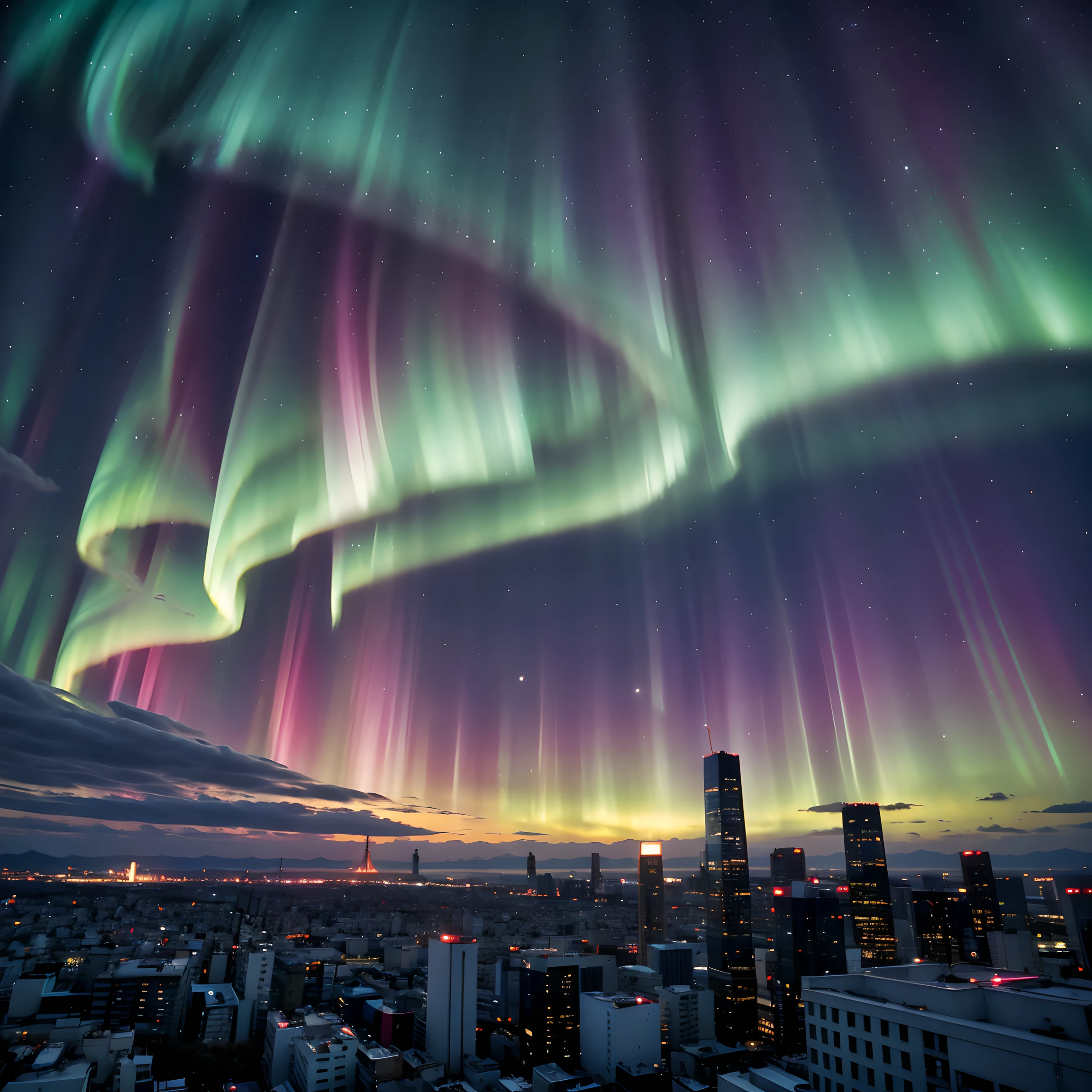 Komposition: "Komponieren Sie ein Bild im Herzen der Stadt Tokio, wo die lebendige und farbenfrohe Aurora Borealis die Skyline der Stadt erleuchtet. Die Komposition sollte die Verschmelzung der Lichter der Stadt und die ätherische Schönheit der Aurora einfangen."

Person: "Im Vordergrund, zeigen eine junge japanische Highschool-Schülerin, die auch ein K-POP-Idol ist. Sie steht voller Ehrfurcht, mit einem Gefühl des Staunens und der Bewunderung auf die faszinierende Aurora blicken. Sie hat kurze Haare, keine Brille, und ist im ikonischen japanischen Seemannskostüm gekleidet ."

Hintergrund: "Schaffen Sie eine Kulisse im Stadtzentrum von Tokio, mit seinen Wolkenkratzern und belebten Straßen, die eine moderne Kulisse für das Himmelsphänomen bilden. Der Nachthimmel ist erfüllt von den lebhaften Farben der Aurora Borealis, Schaffen einer einzigartigen und bezaubernden Atmosphäre, die die städtische und die natürliche Welt miteinander verbindet."