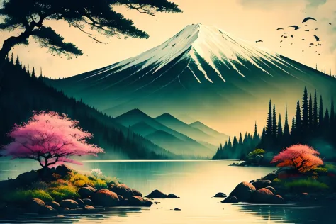 very colorful scenery, ink, mountains, water, trees