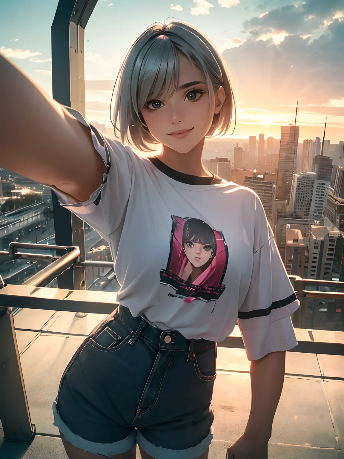 (ultra-realistic, highres, best quality, 4k, professional, cowboy shot), an illustration in Full HD that showcases a 21-year-old girl's cool style, beauty eyes, sharp eyes. Her Asymmetric Pixie hairstyle, silver hair, short hair, and left-facing bangs with red highlights make her stand out. Smile, She's dressed fashioned gucci tshirts, Short pants, (fisheye, selfie), sunset, cityscape, (aesthetics and atmosphere:1.2),smiling, exuding confidence and individuality.