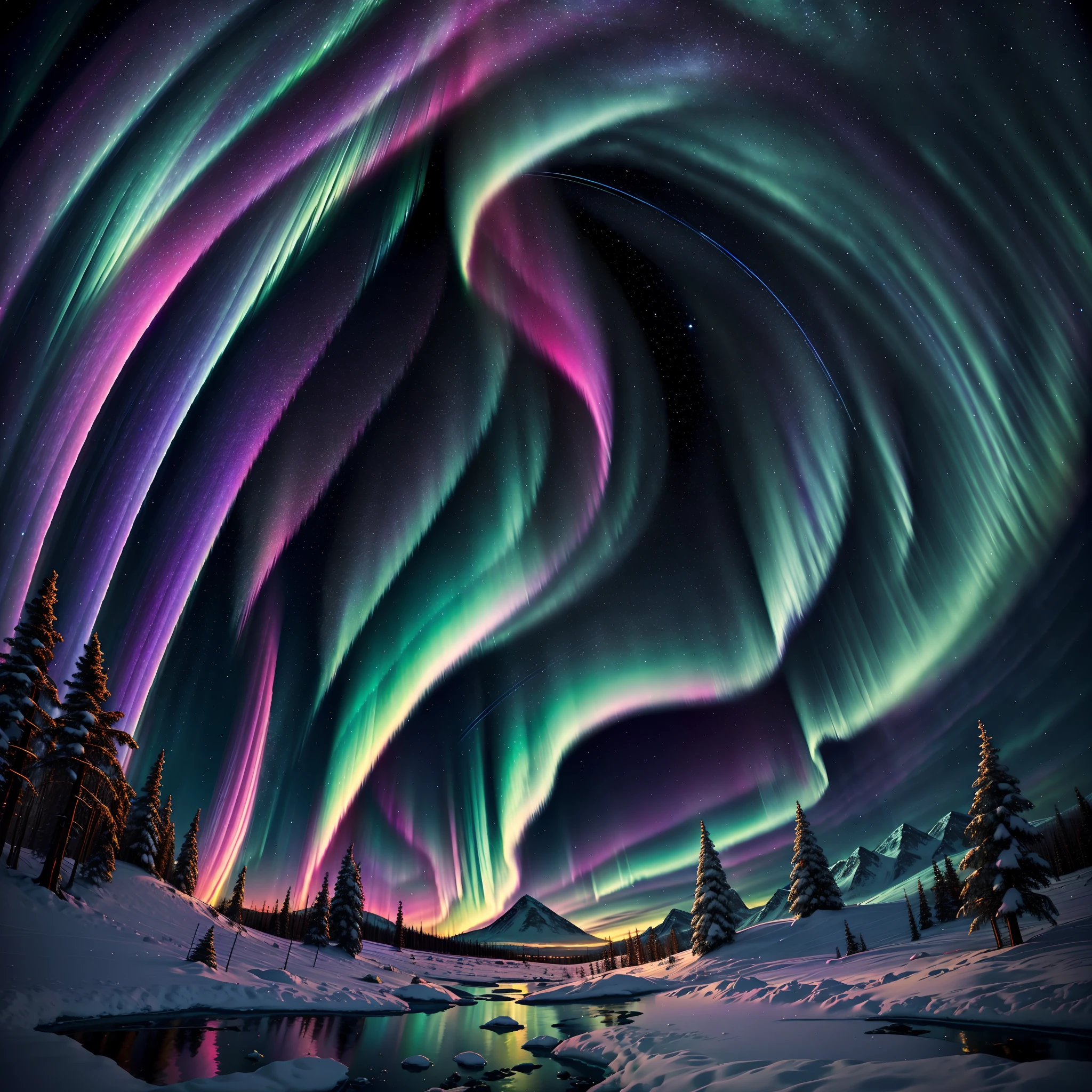"サイケデリック, スペクトロライトスピーカーの穏やかな効果によるオーロラの抽象的な視覚化, 発光性, 北極の夜空に調和して踊る幻想的な色彩."