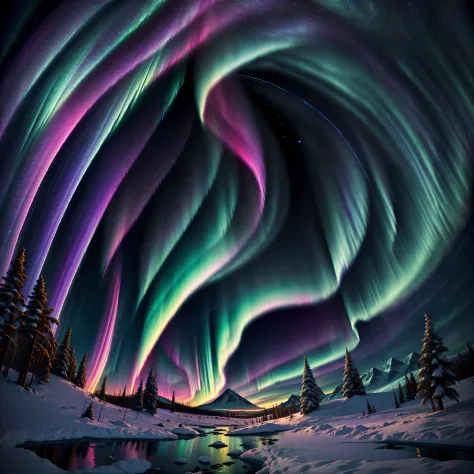 "Psychedelic, abstract visualization of the Northern Lights under the calming influence of Spectrolite speakers, with luminescent, ethereal colors dancing harmoniously in the Arctic night sky."