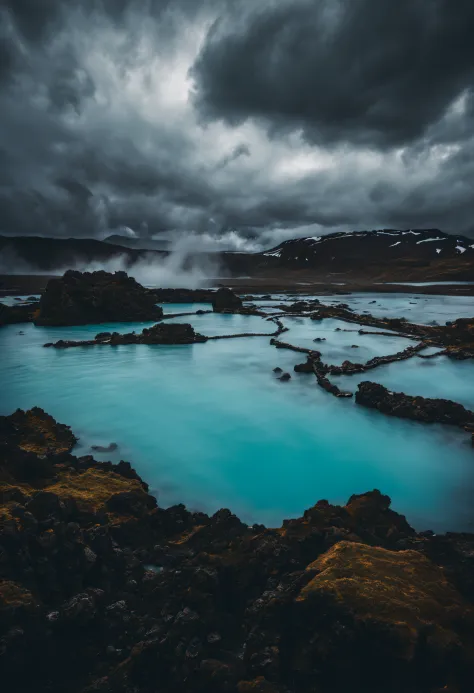 A moody and atmospheric rendering of Iceland's famous Blue Lagoon, with steam rising from the turquoise waters and a dramatic stormy sky in the background.
