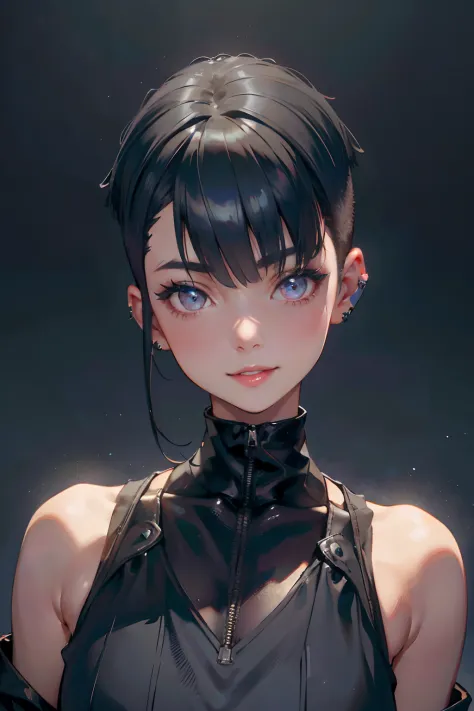 a 20 yo woman、Black blue Hair、Bery short hair、Big smile、(hi-top fade:1.3)、dark themed、Muted Tones、Subdued Color、highly contrast、(natural skin textures、Hyper-Realism、Soft light、sharp)