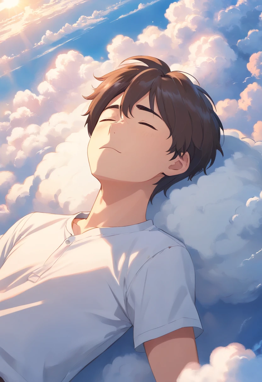 Anime boy sleeping in the clouds with his eyes closed - SeaArt AI