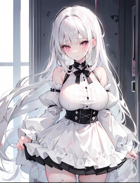 Long pale silver-white gray hair，Pink eyes，Loving pupils，Big Breasts Girl，White off-the-shoulder short sleeves，black short skirt，white stockings，The top is soaked，Slightly moist hair，Favorite expressions，