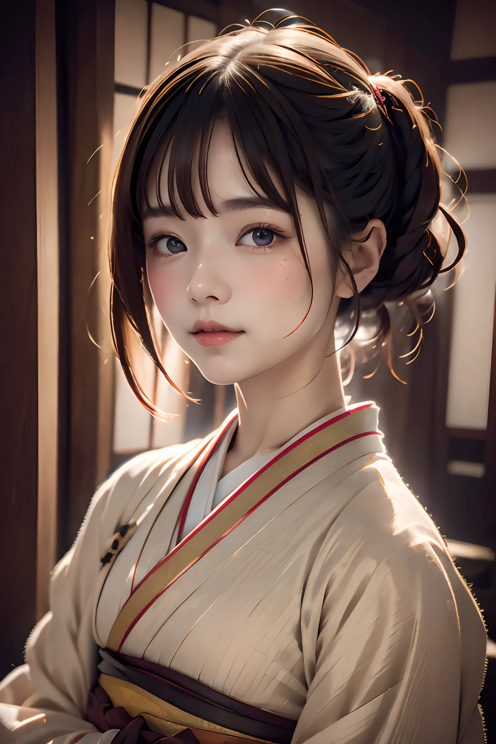 Retrato digital de una mujer japonesa de pelo corto, hermoso rostro,cabello desordenado,Complejo, cinematográfico, Motor irreal 5, una hermosa, Increíble gradación de color, Kimono,vestido japonés,también, fotografía, Fotografía cinematográfica, arte por、sonríe