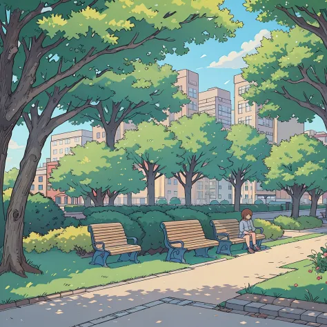 perfect anime illustration, city park, jour, Against the backdrop of a small town, the trees, Benches, path