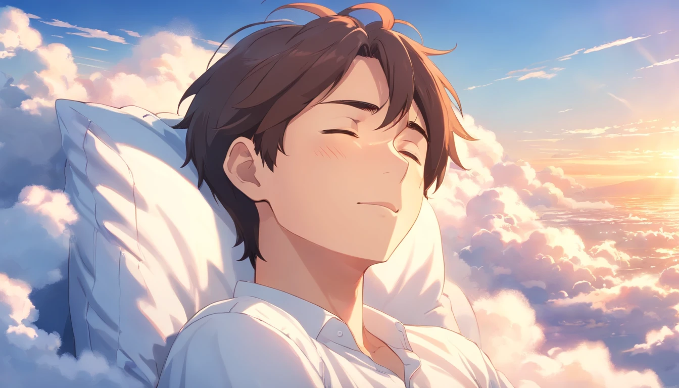 Anime boy with eyes closed in the sky with clouds - SeaArt AI