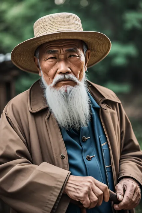 An old man with traditional Chinese thinking，Real frontal photos，Authentic background，The background is nature，holding an cane，worn-out clothing，With a hat on，Face full of wrinkles，80-year-old man，Wise eyes，The beard is white，male people，country style，unre...