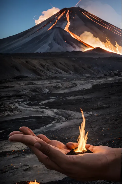 a man holds a volcano in his hand. Volcano erupts lapilli and smoke. Lava descends on the slopes of the volcano, on the hand and falls down