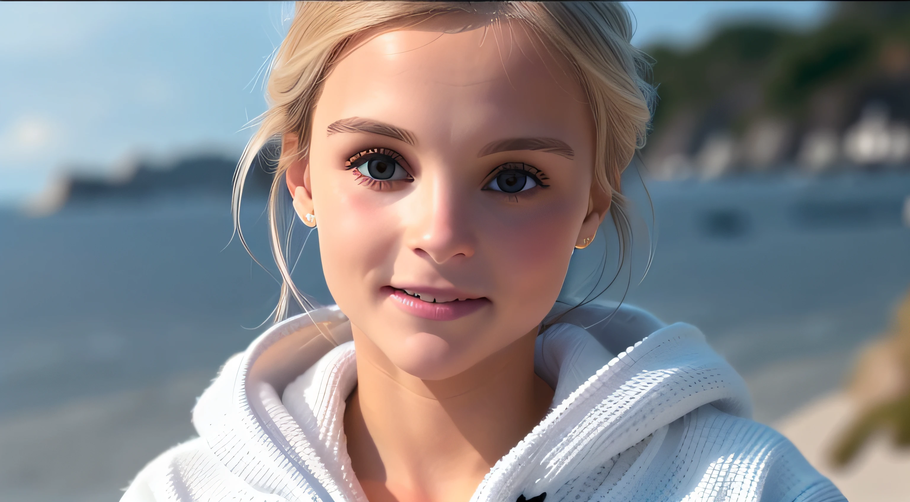 a woman, white sweater, midnight at the beach, perfect face, clear eyes, perfect day, close up, waves in background, [smiling:0.5], 8k, uhd, raw, fujifilm xt3, masterpiece