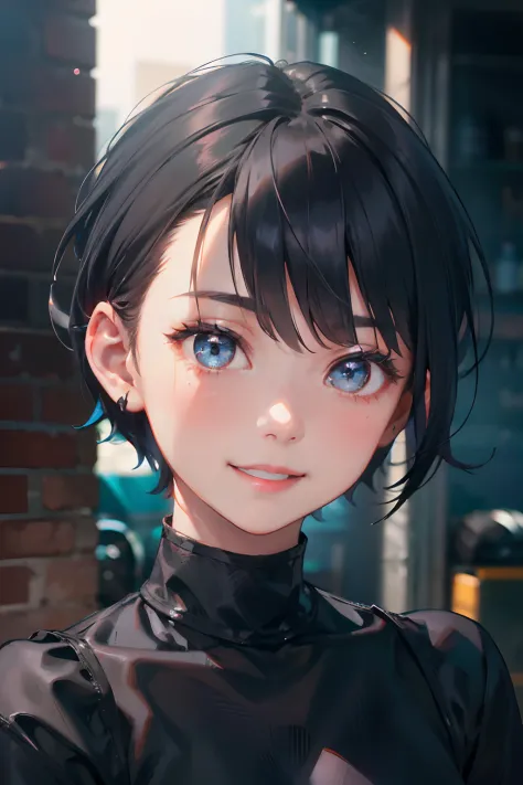 a 20 yo woman、Black blue Hair、Bery short hair、Big smile、(hi-top fade:1.3)、dark themed、Muted Tones、Subdued Color、highly contrast、(natural skin textures、Hyper-Realism、Soft light、sharp)