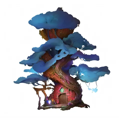 There is a tree house，There is a swing in the middle, painted as a game concept art, stylised painting, stylised painting, made ...