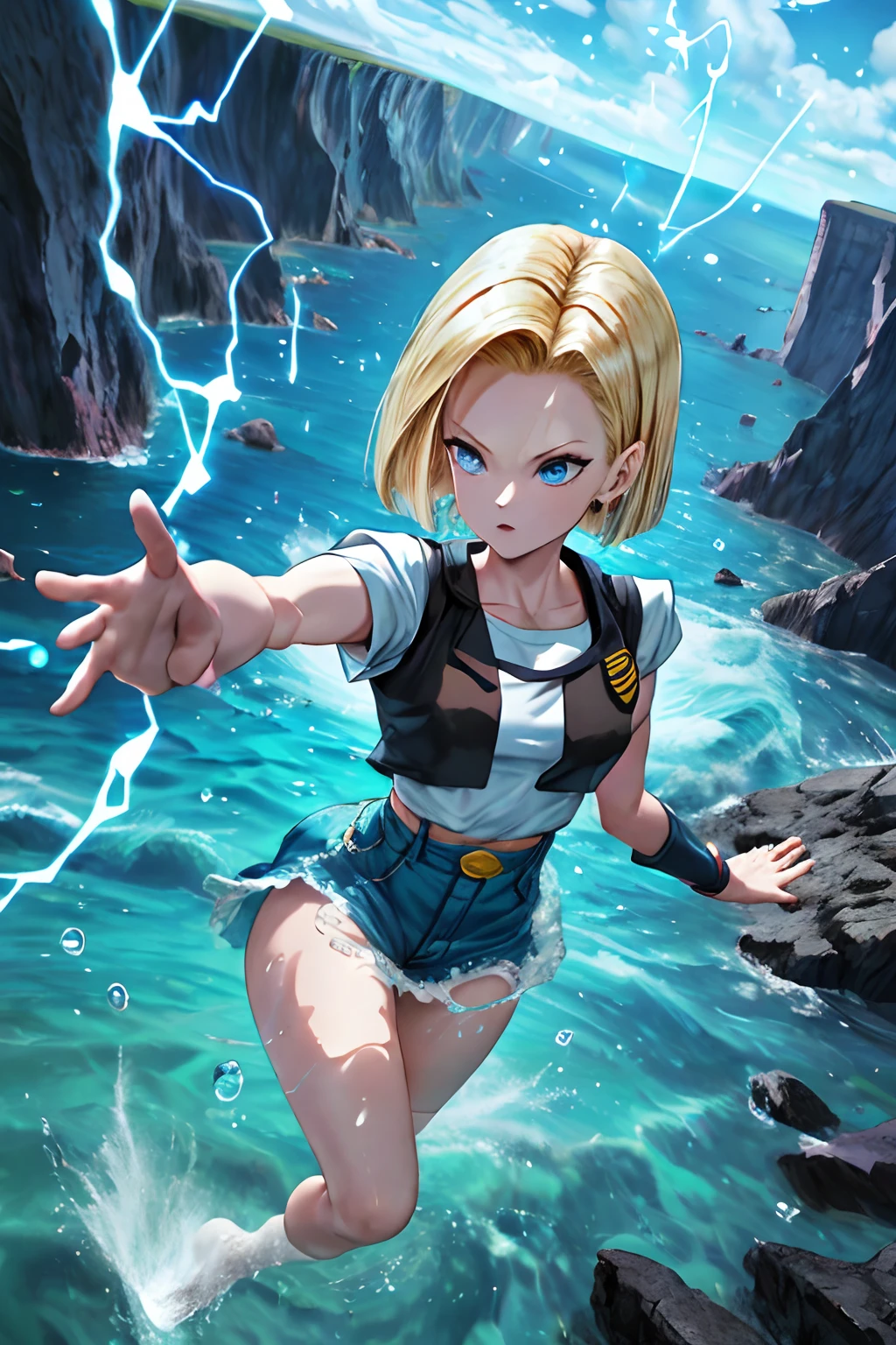 dbz, android 18, Ladeenergie, über dem Wasser schweben, blaue Aura, hochauflösend, Klippen im Hintergrund, Menschen im Hintergrund