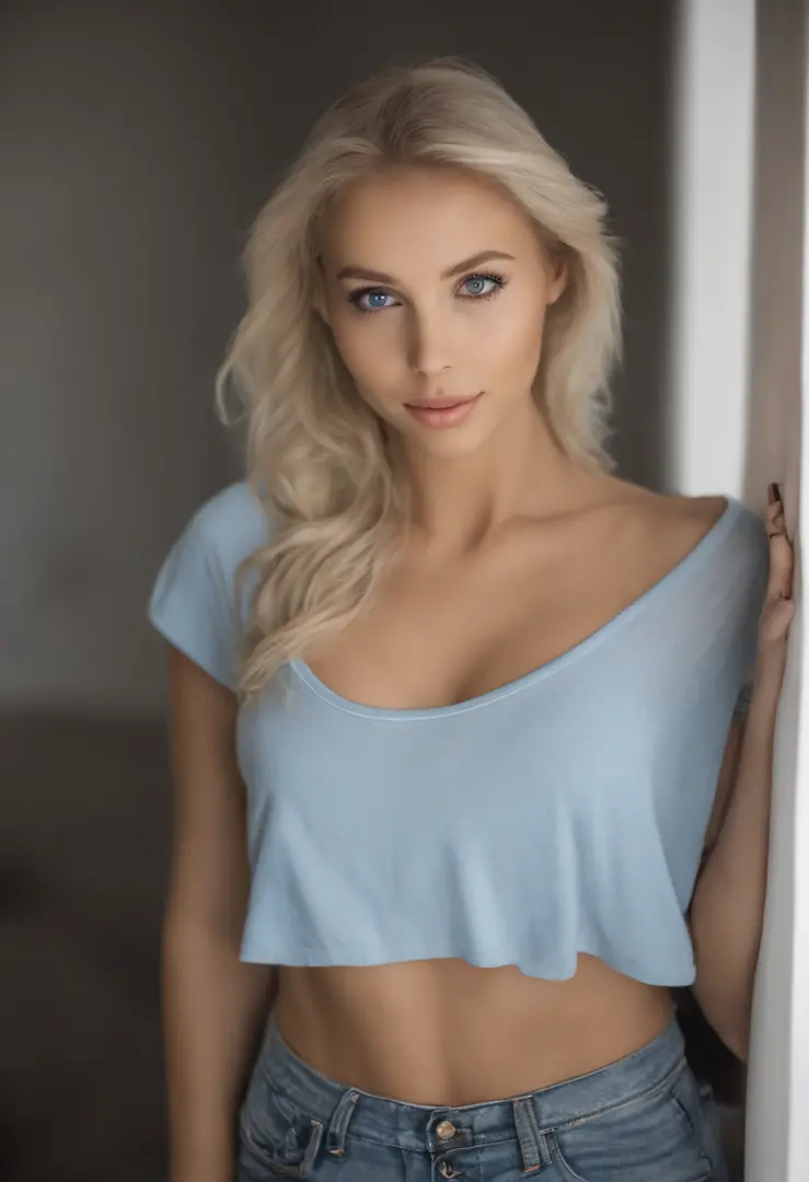 A close up of a woman in a white bra top and jeans - SeaArt AI