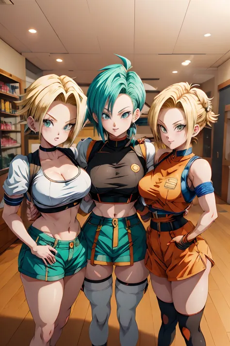 three anime characters are posing for a picture together, saiyan girl, ecchi anime style, dragon ball style, bulma from dragon b...