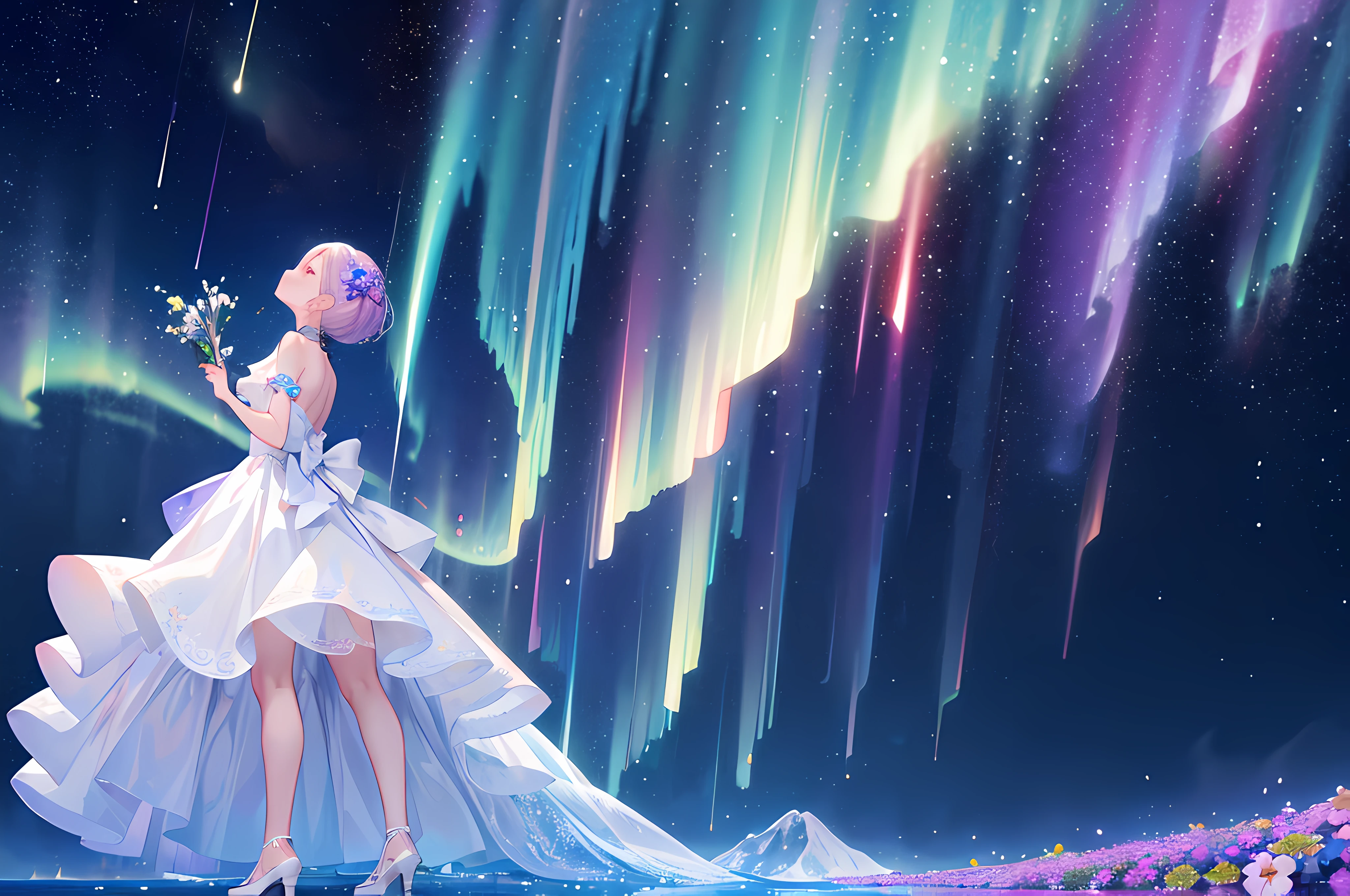 1girl, Masterpiece, best quality, ultra highres, extremely detailed CG, 8k wallpaper, full body, (god view:1.4), illustration, (back view), from behind, (look up at sky, from below, dynamic angle:1.2), brilliant aurora, galaxy, night sky, shooting star, sky, space, planet, starry background, (standing on plain filled with flowers:1.2), (Female wearing white dress),