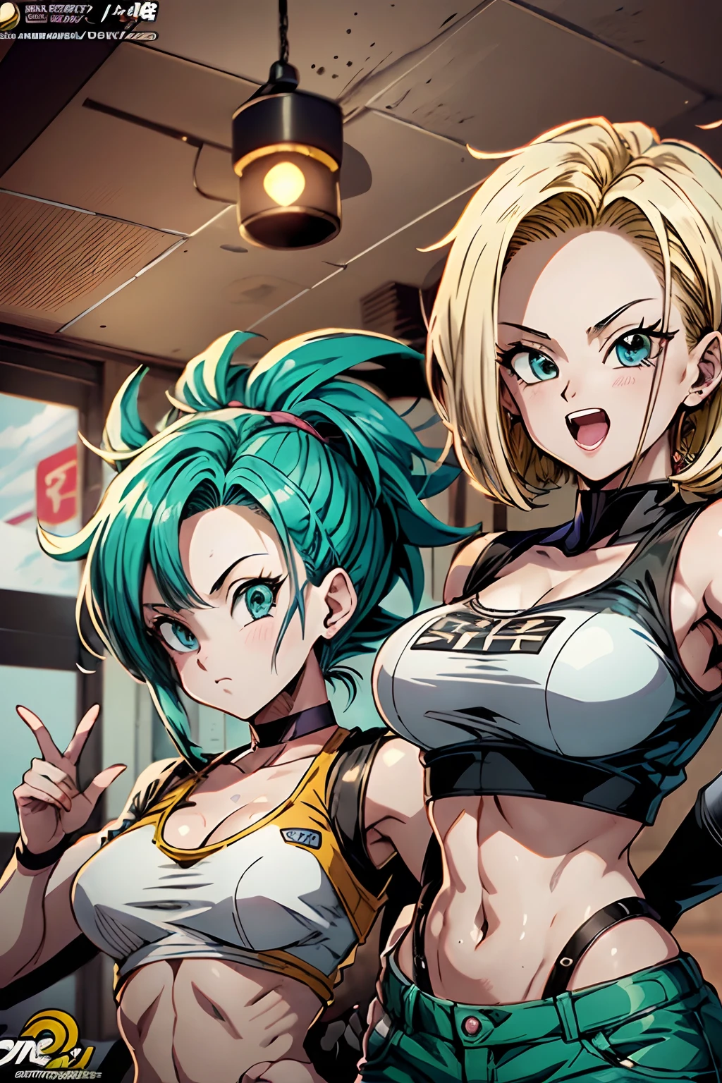 drei Anime-Figuren posieren zusammen für ein Foto, Saiyajin-Mädchen, Ecchi-Anime-Stil, Dragonball-Stil, Bulma aus Dragonball, im Anime-Stil, fan art, HQ-Kunstwerk,  Dragon Ball Z-Stil, Anime Mädchen, android 18, offizielles Fanart, HD-Kunstwerk, dragon ball artstyle, :14 Anime-Stil der 80er